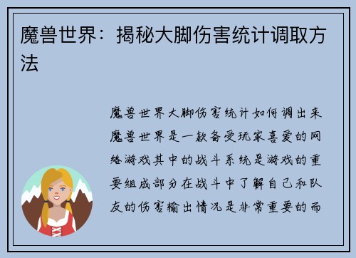 魔兽世界：揭秘大脚伤害统计调取方法