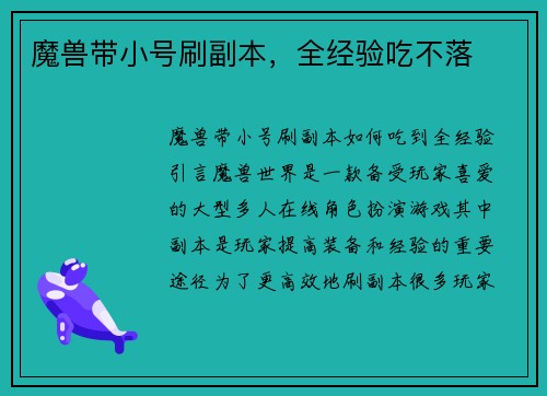 魔兽带小号刷副本，全经验吃不落